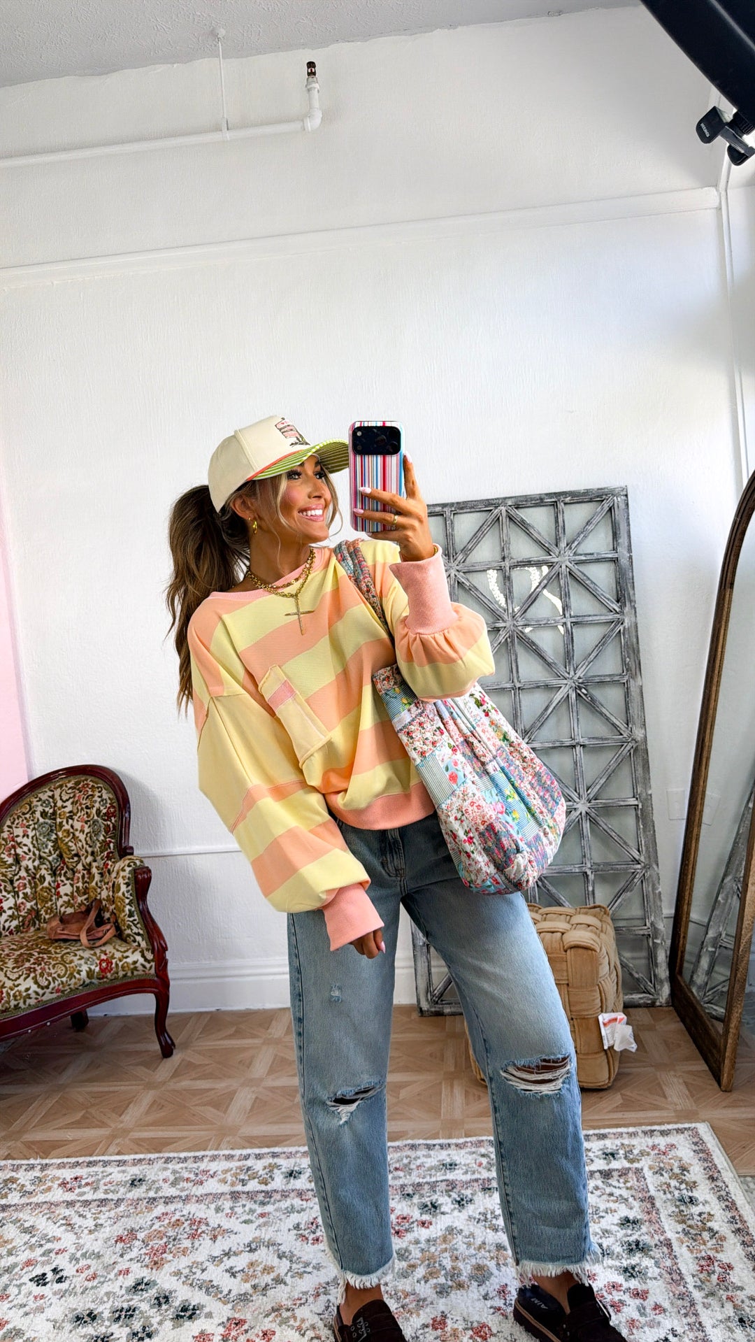 Solid Stripe Colorblock Sweatshirt, Peach/Yellow
