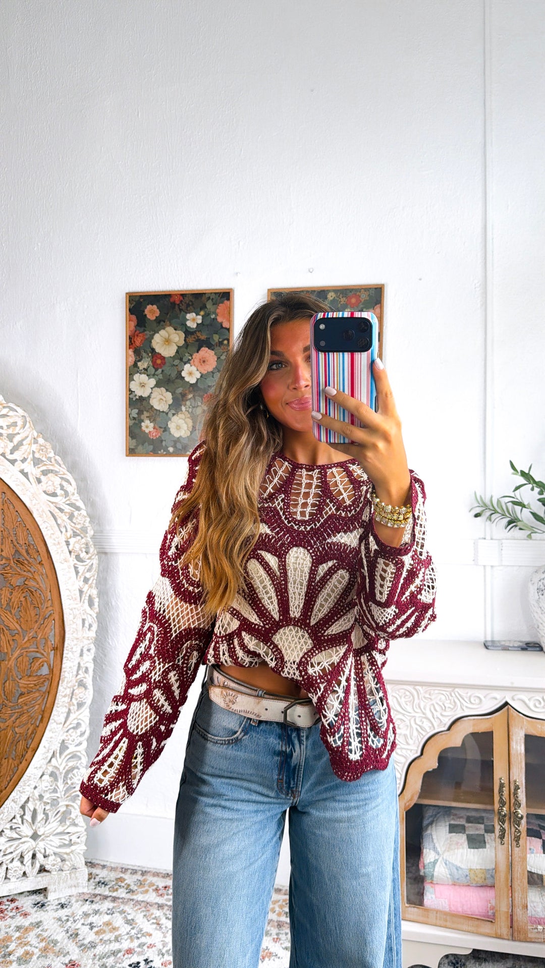 Boho Contrast Crochet Top, Cinnamon