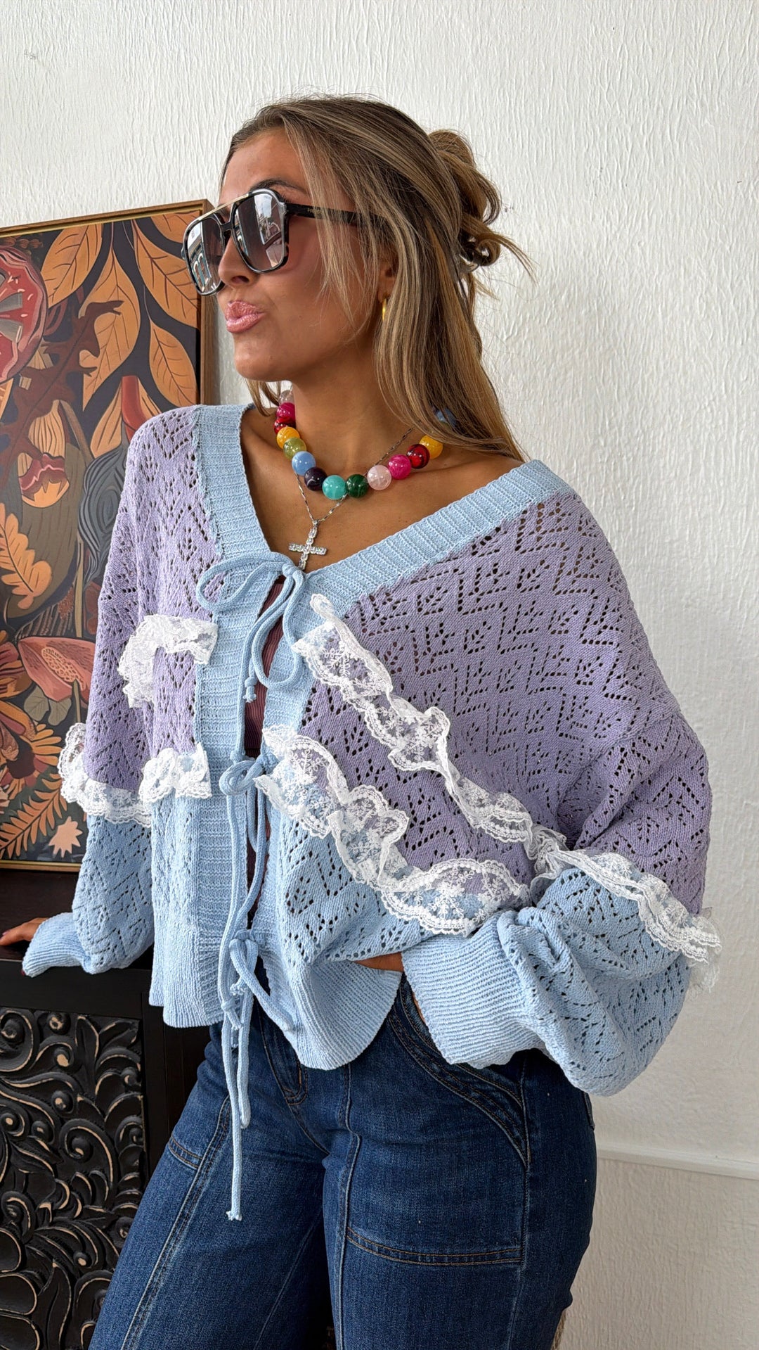 Warm Cottage Cardigan, Sky Blue Multi