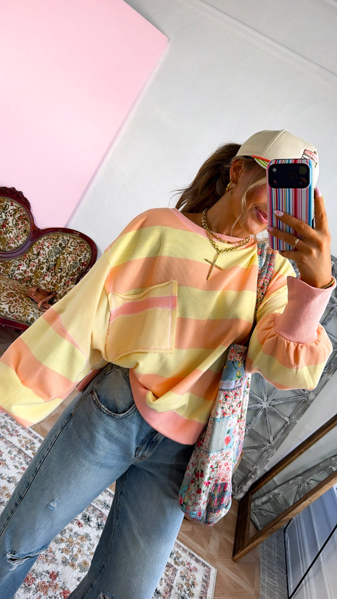 Solid Stripe Colorblock Sweatshirt, Peach/Yellow