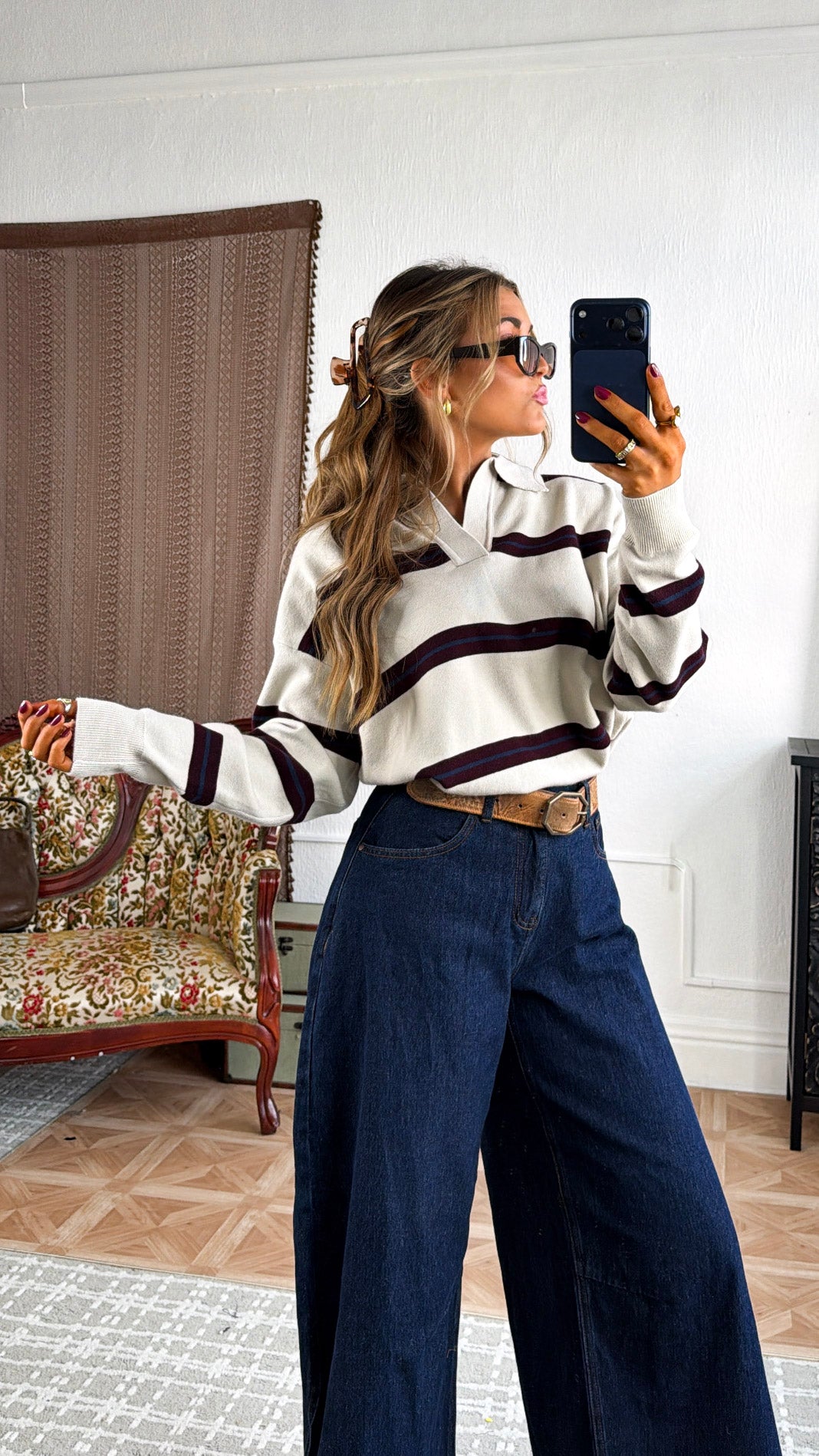 The University Collared Pullover, Ecru Stripe