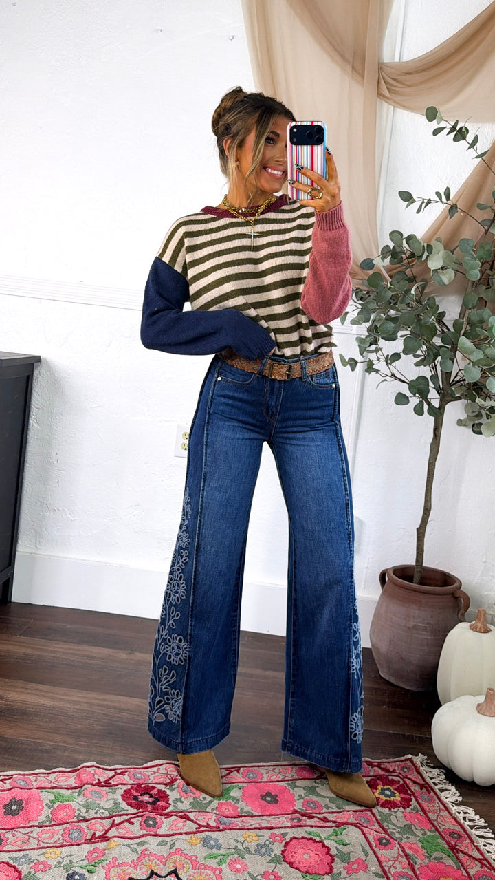 Colorblock Striped Sweater, Olive
