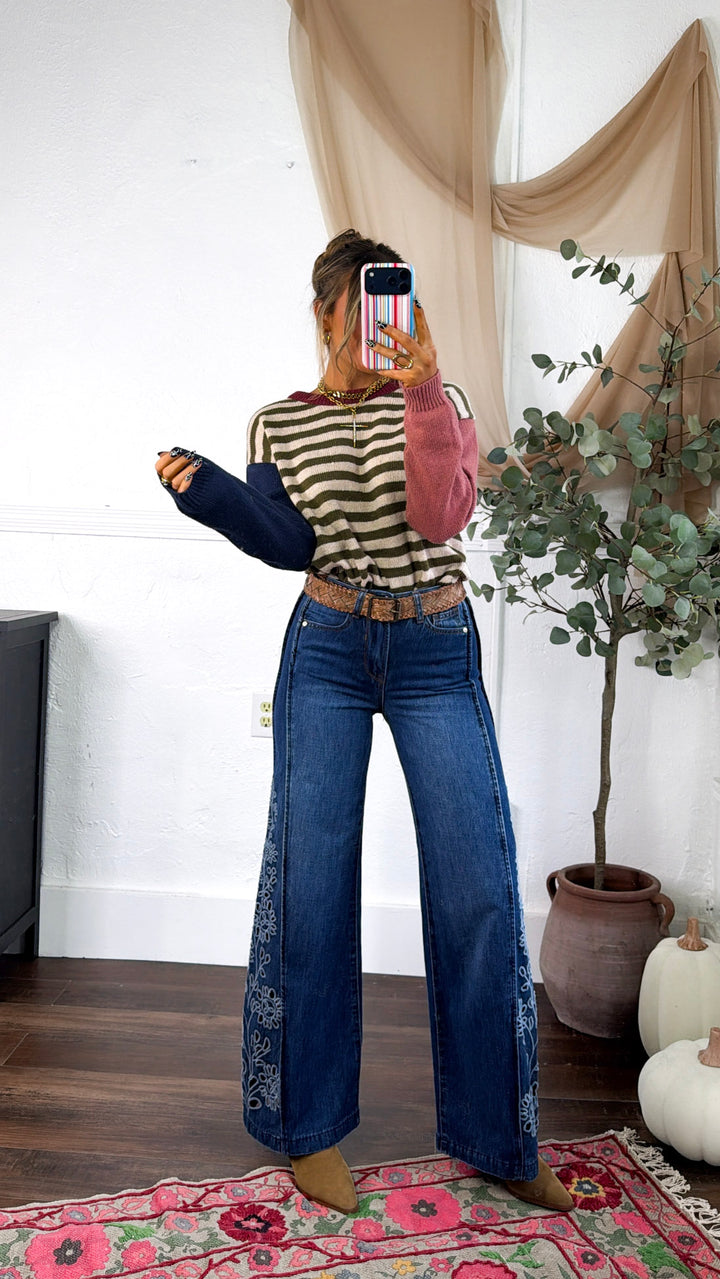 Colorblock Striped Sweater, Olive