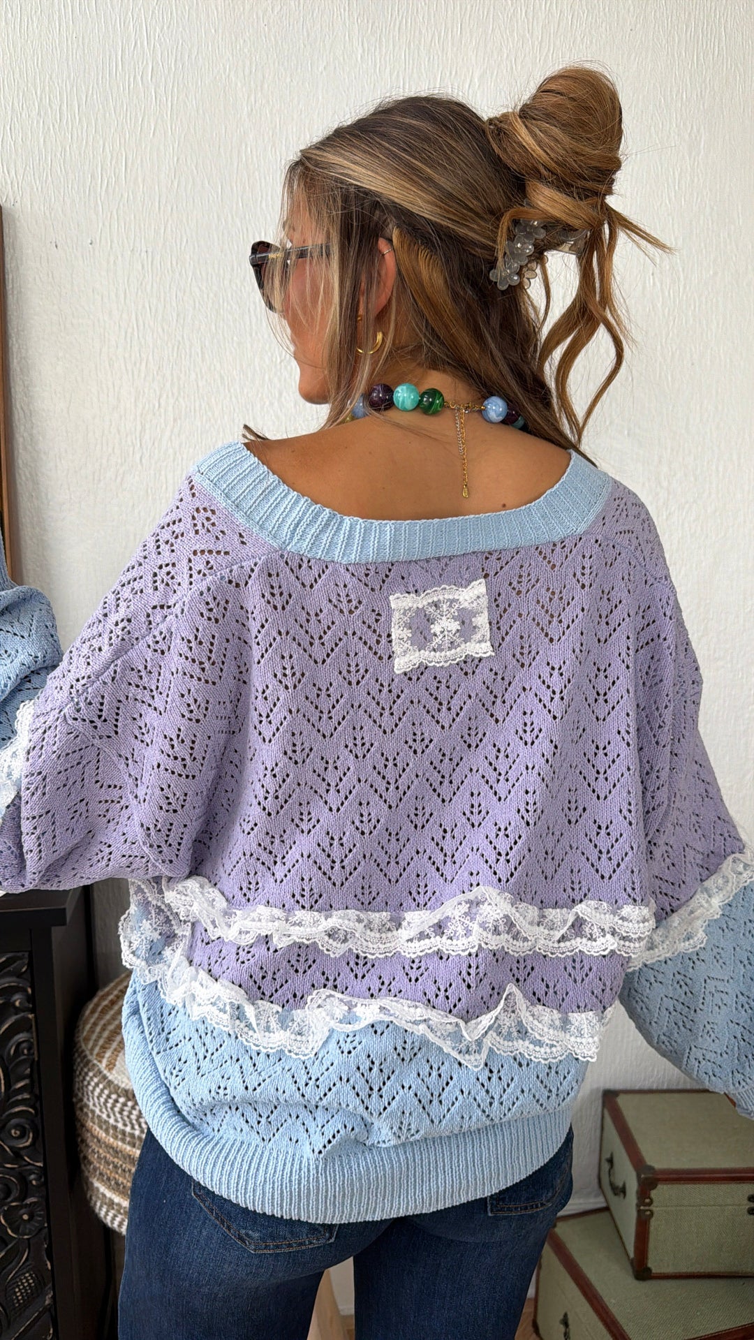 Warm Cottage Cardigan, Sky Blue Multi