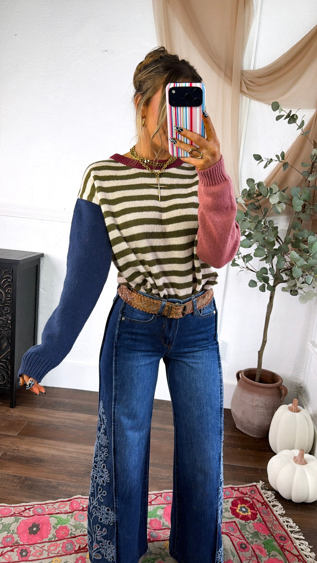 Colorblock Striped Sweater, Olive