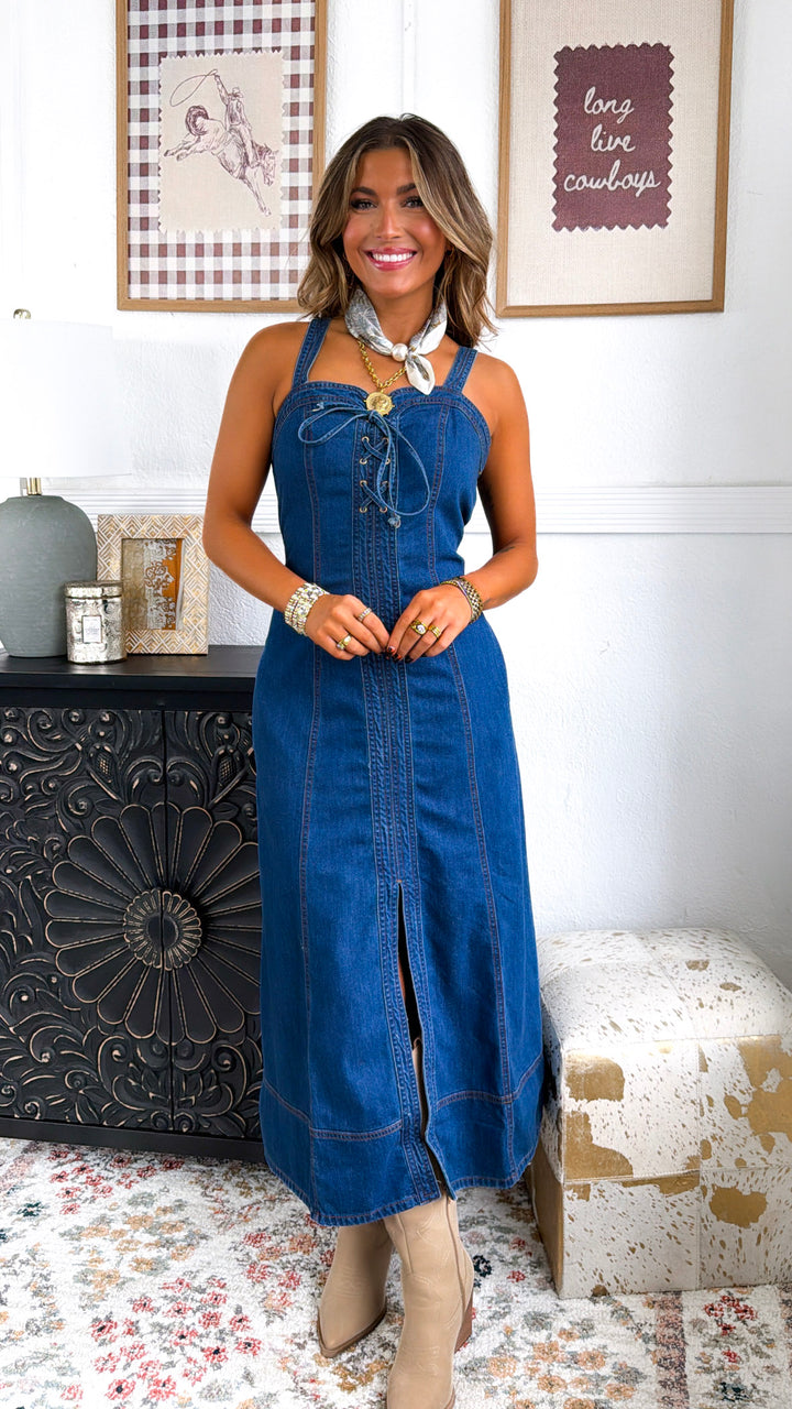 Dakota Lace Up Maxi Dress, Washed Denim Small