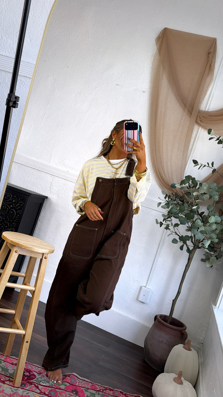 Open Fields Denim Overalls, Mocha Brown