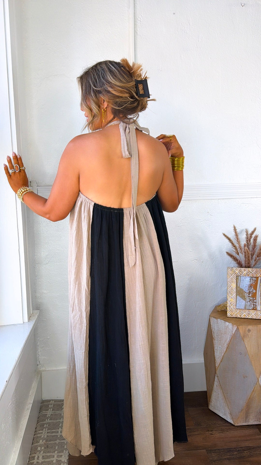 Moonlit Stream Maxi Dress, Sand/Black