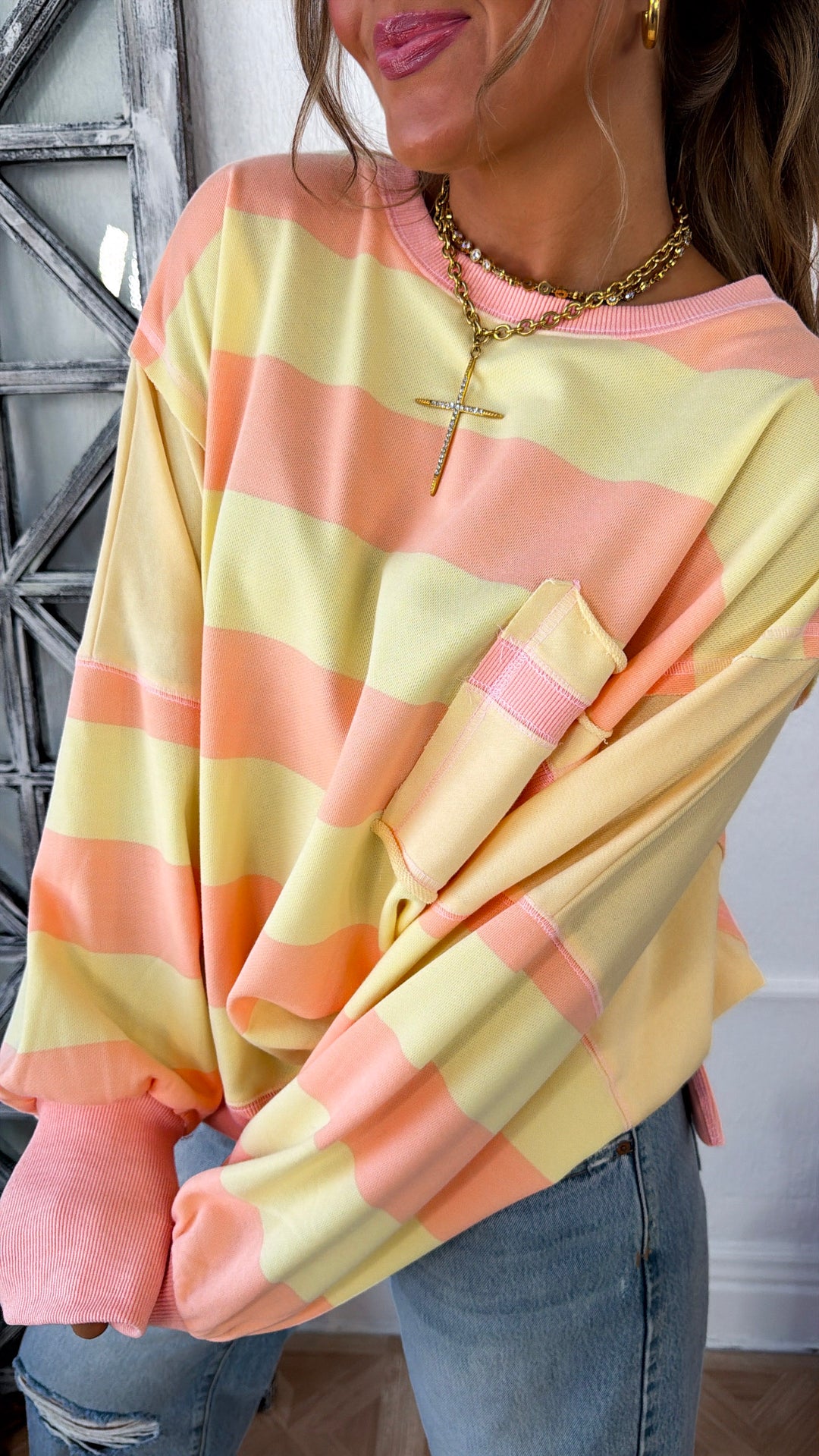 Solid Stripe Colorblock Sweatshirt, Peach/Yellow
