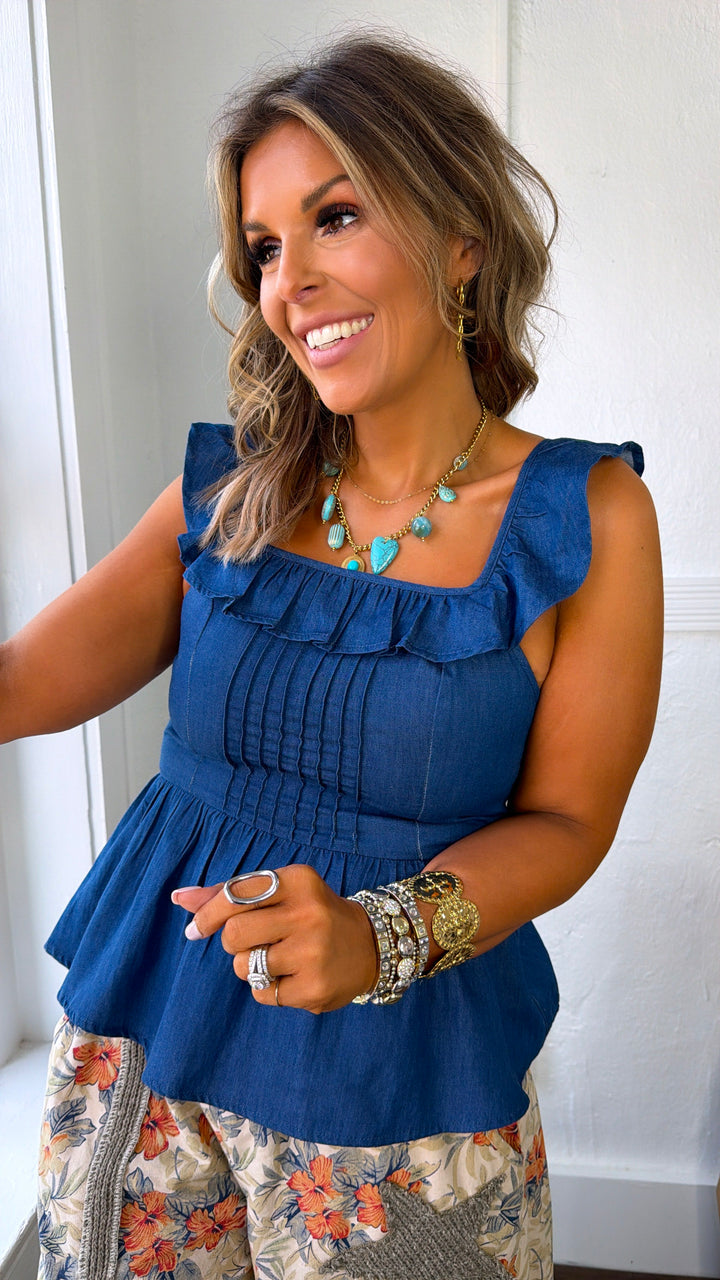 Ruffled Skies Pleated Blouse, Blue Haze