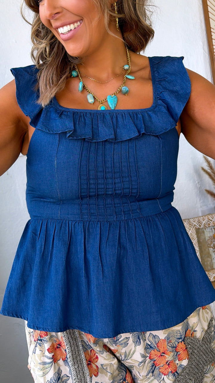 Ruffled Skies Pleated Blouse, Blue Haze