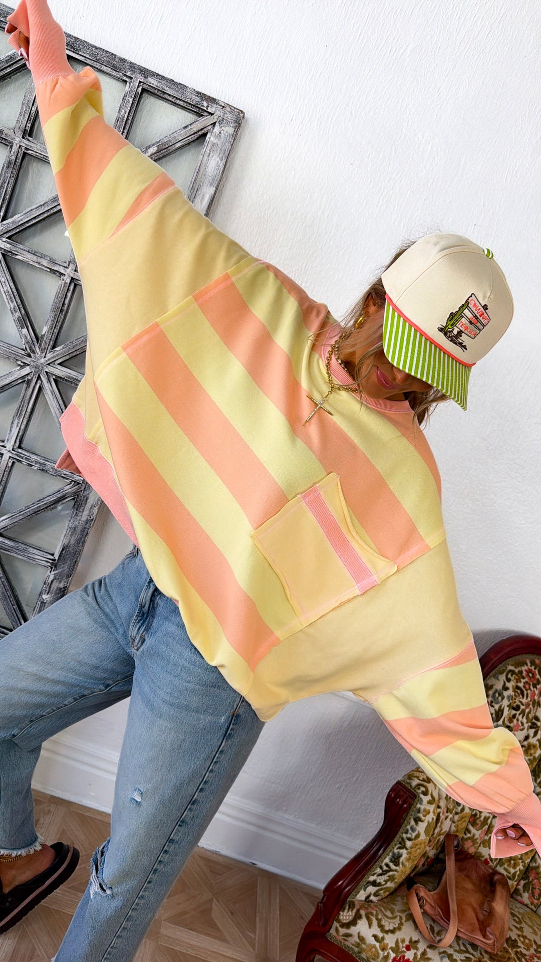 Solid Stripe Colorblock Sweatshirt, Peach/Yellow