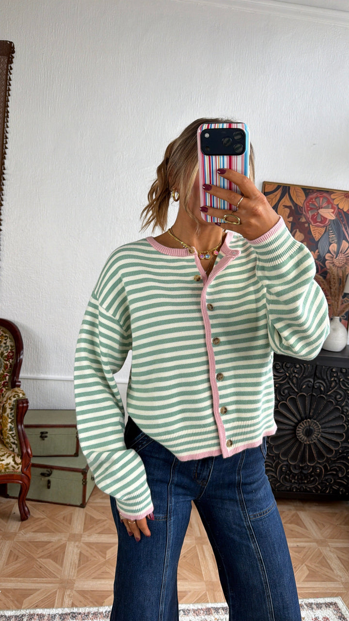 Cleo Button Up Cardigan, Sage/ Pink