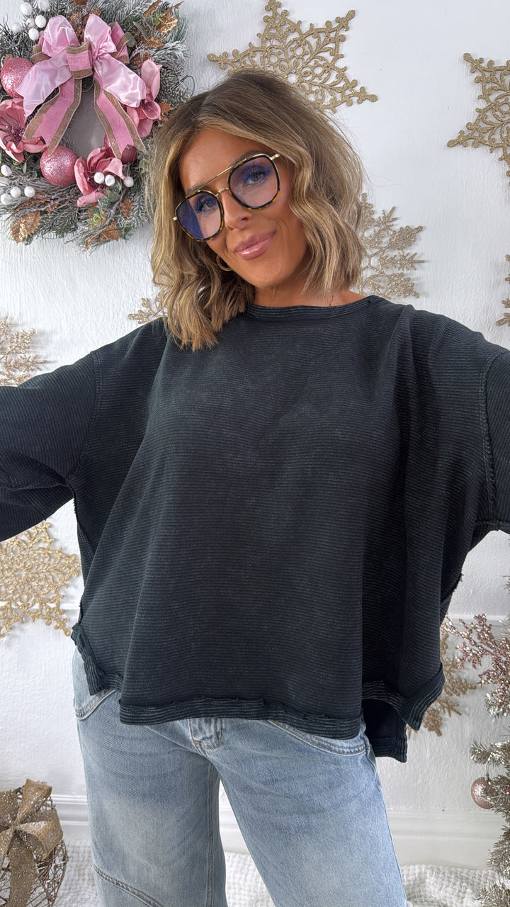 DOORBUSTER: Acid Washed Ribbed Cropped Pullover, Black