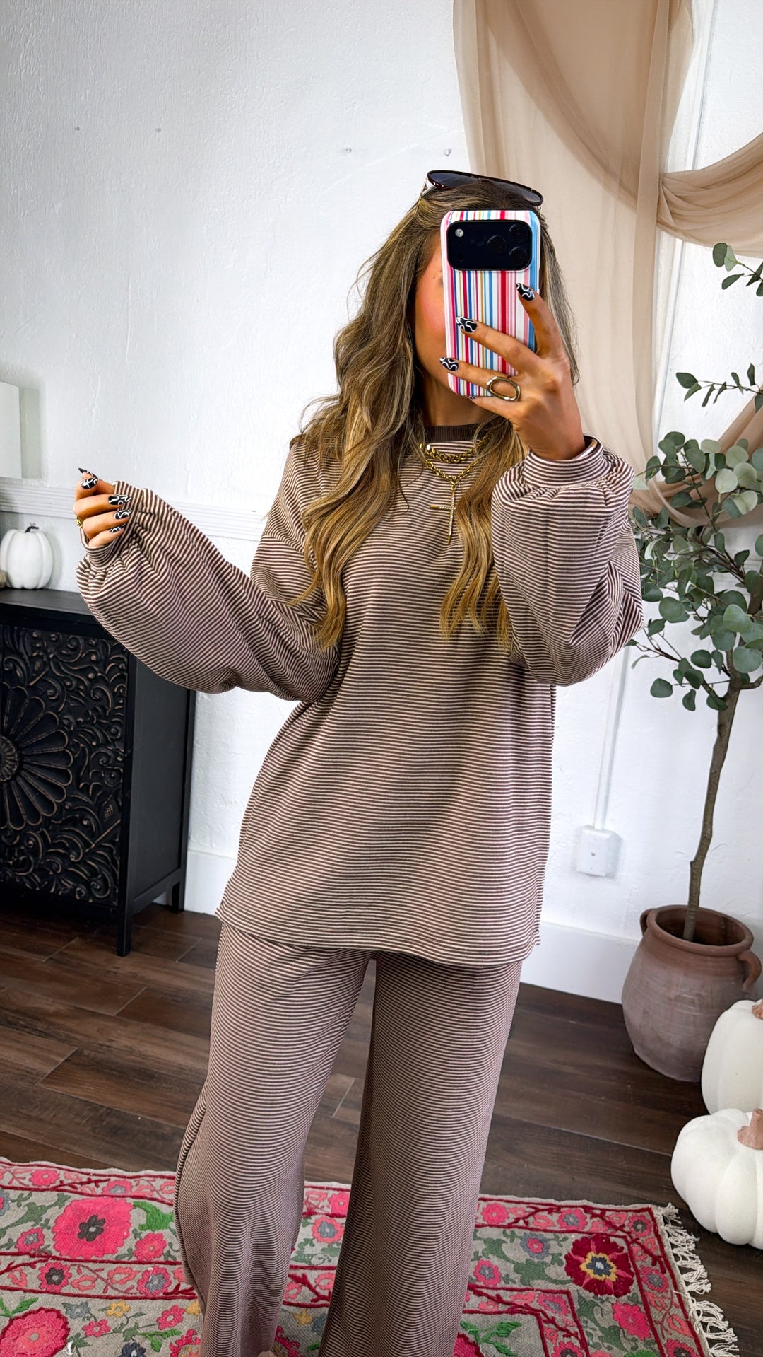 Striped Contrast Two Piece Set, Dk. Brown/Cream
