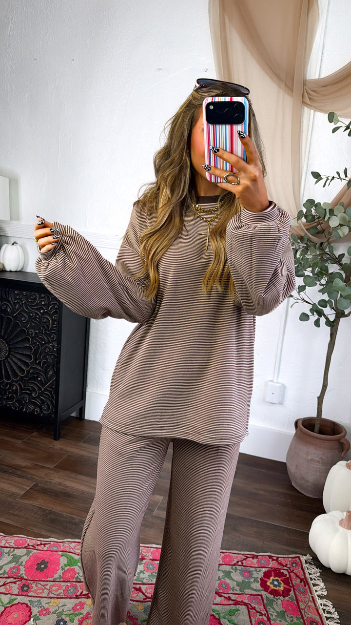 Striped Contrast Two Piece Set, Dk. Brown/Cream