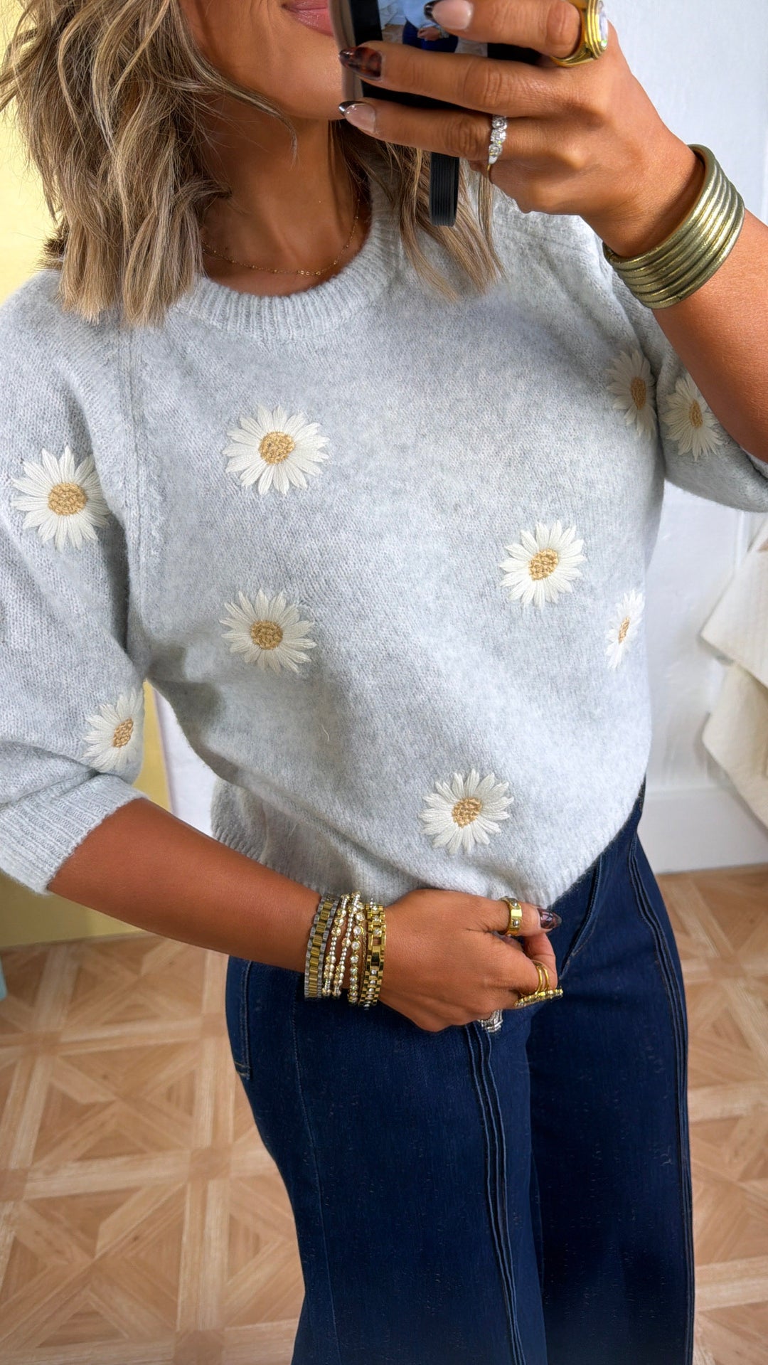 Sweet Daisy Knit Sweater, Grey