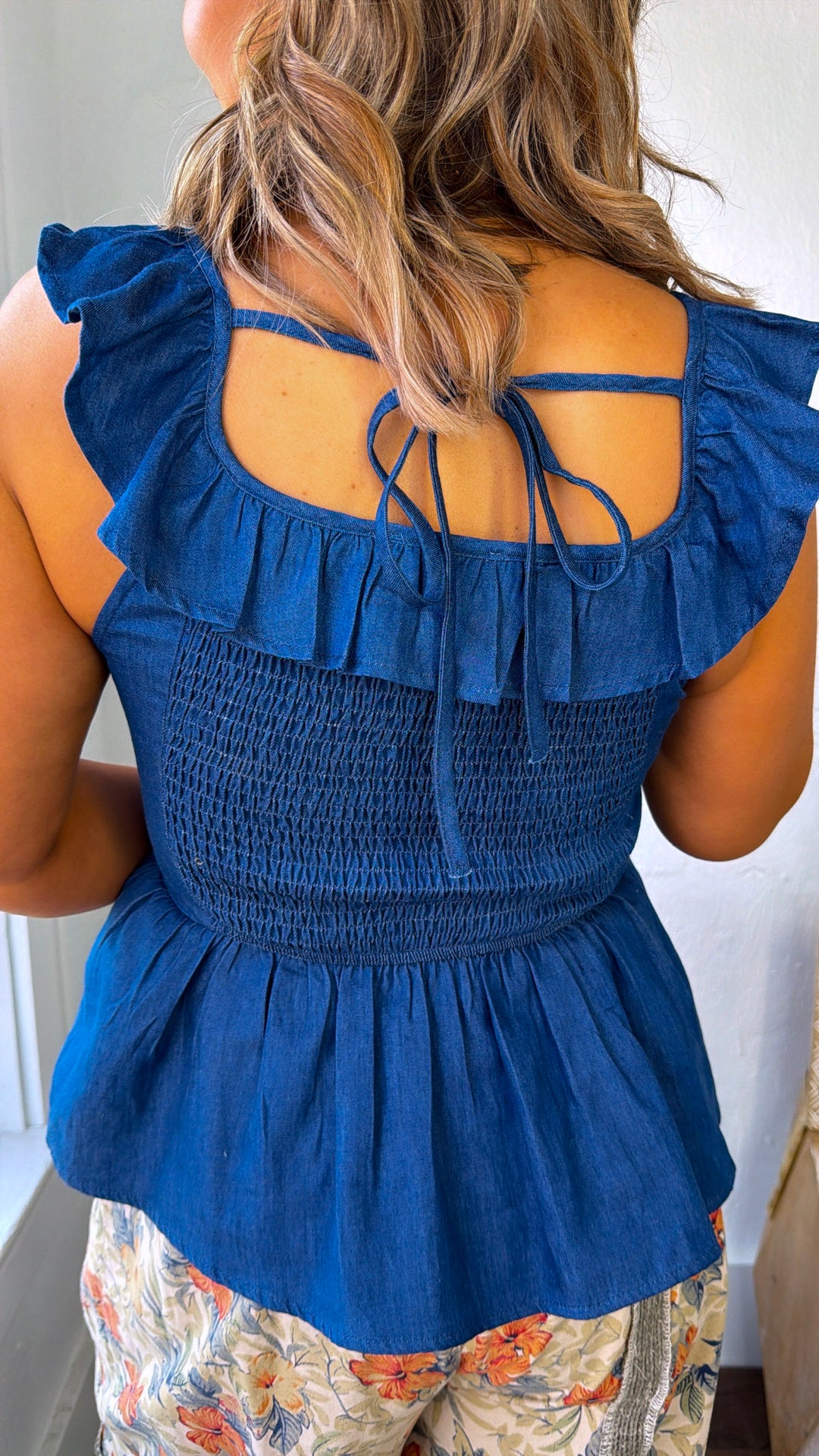 Ruffled Skies Pleated Blouse, Blue Haze