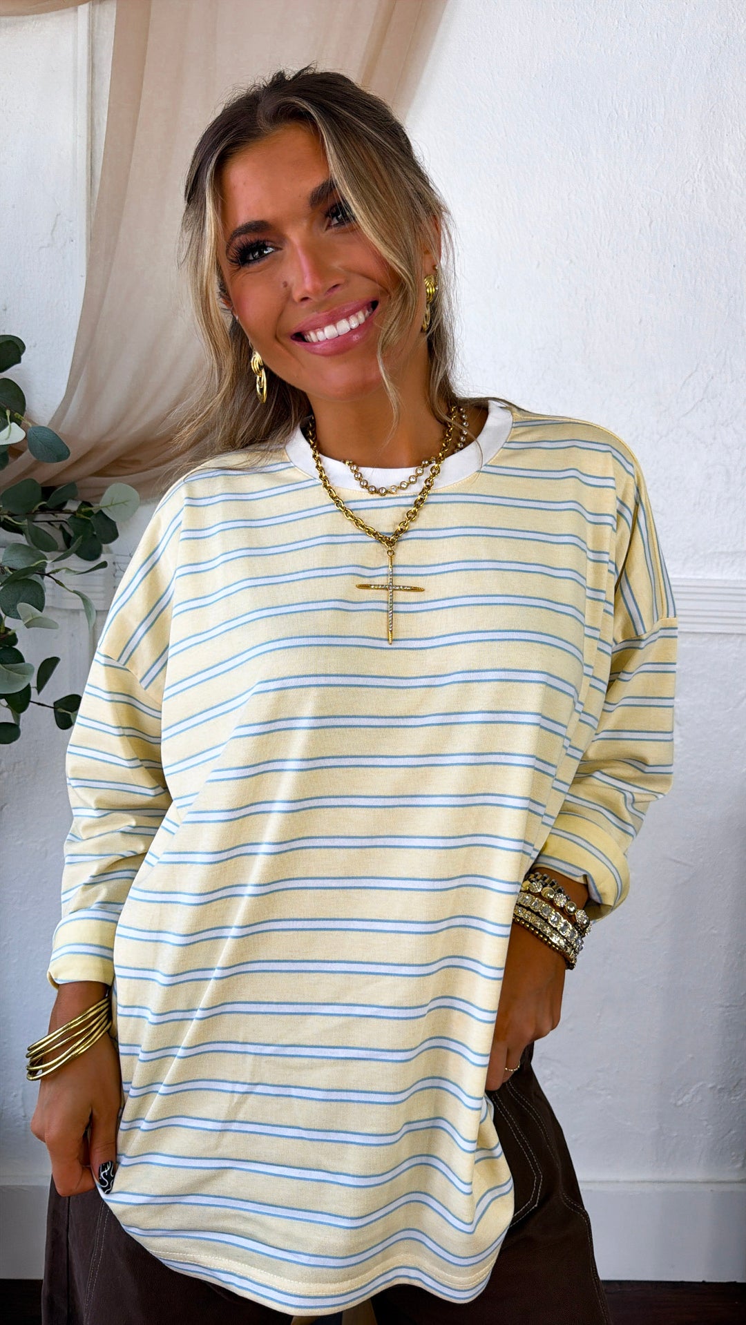 Goldie Oversized Stripe Top, Butter/White