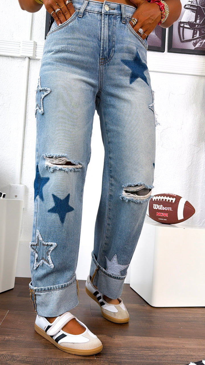 Lucky Star Patched Jeans, Medium Wash
