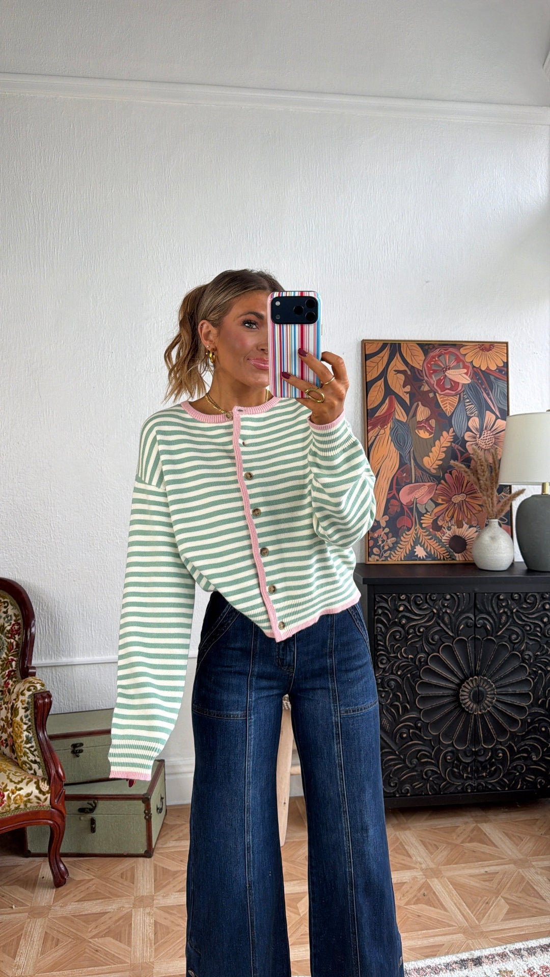 Cleo Button Up Cardigan, Sage/ Pink