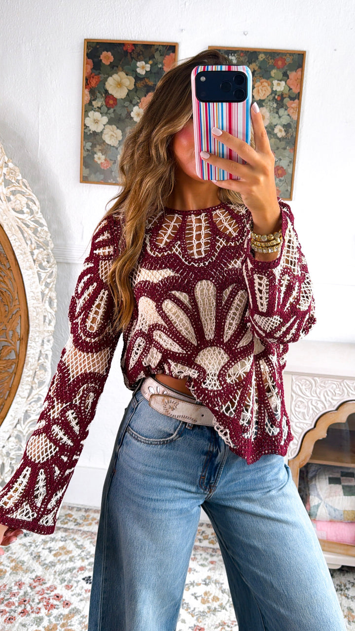 Boho Contrast Crochet Top, Cinnamon