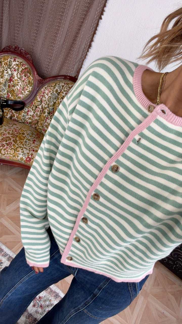 Cleo Button Up Cardigan, Sage/ Pink