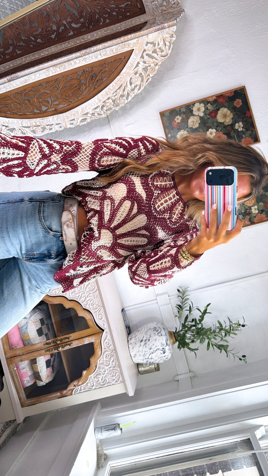 Boho Contrast Crochet Top, Cinnamon