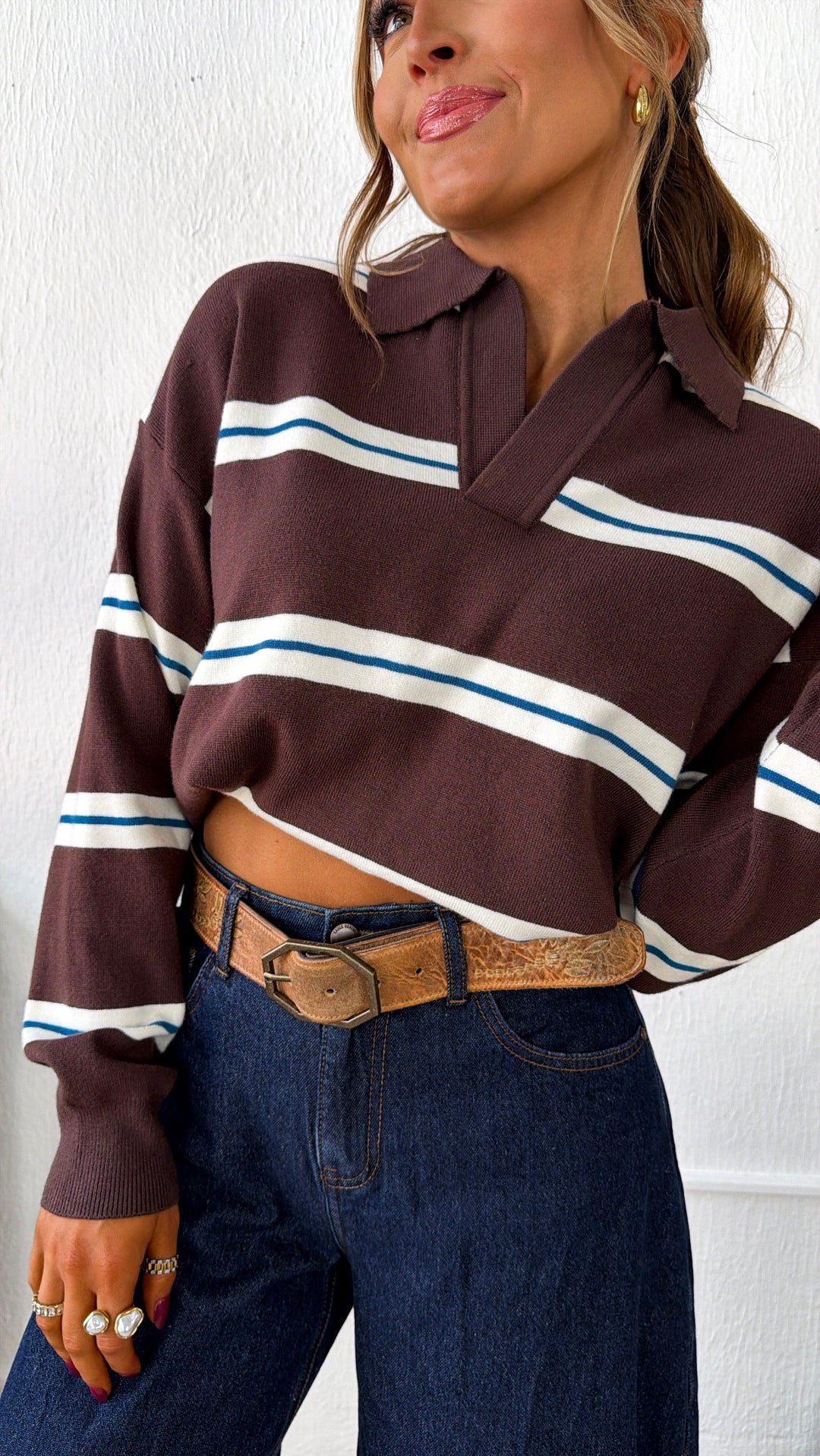 The University Collared Pullover, Chocolate Stripe