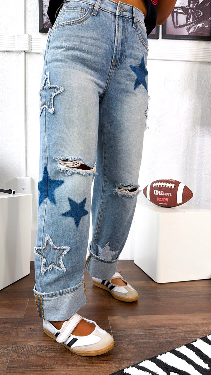 Lucky Star Patched Jeans, Medium Wash