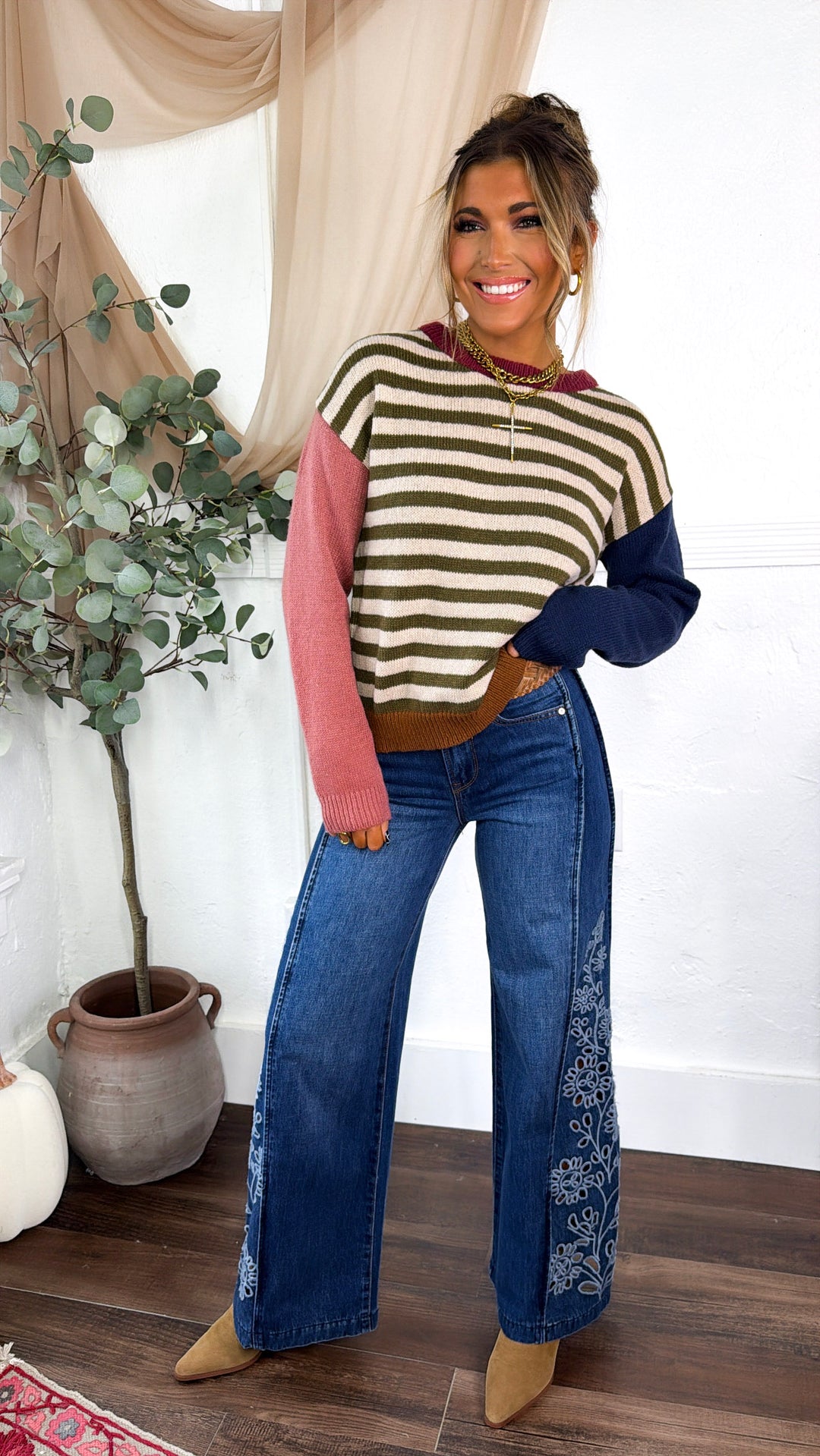 Colorblock Striped Sweater, Olive
