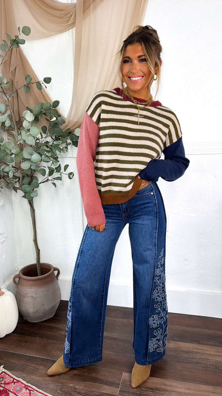 Colorblock Striped Sweater, Olive