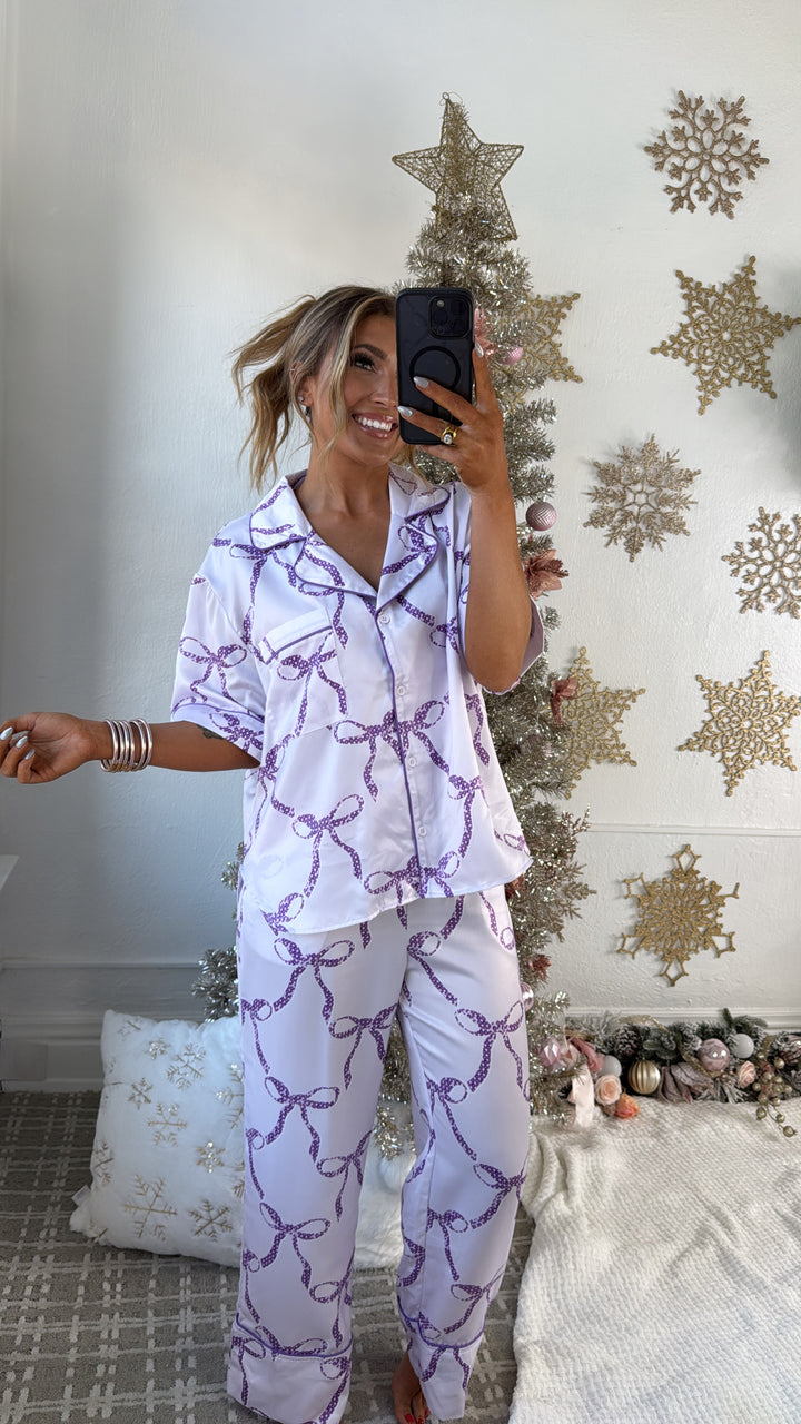 Bliss & Bows Satin Pajama Set, Purple