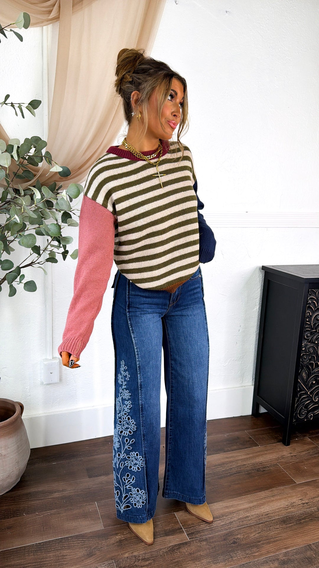 Colorblock Striped Sweater, Olive