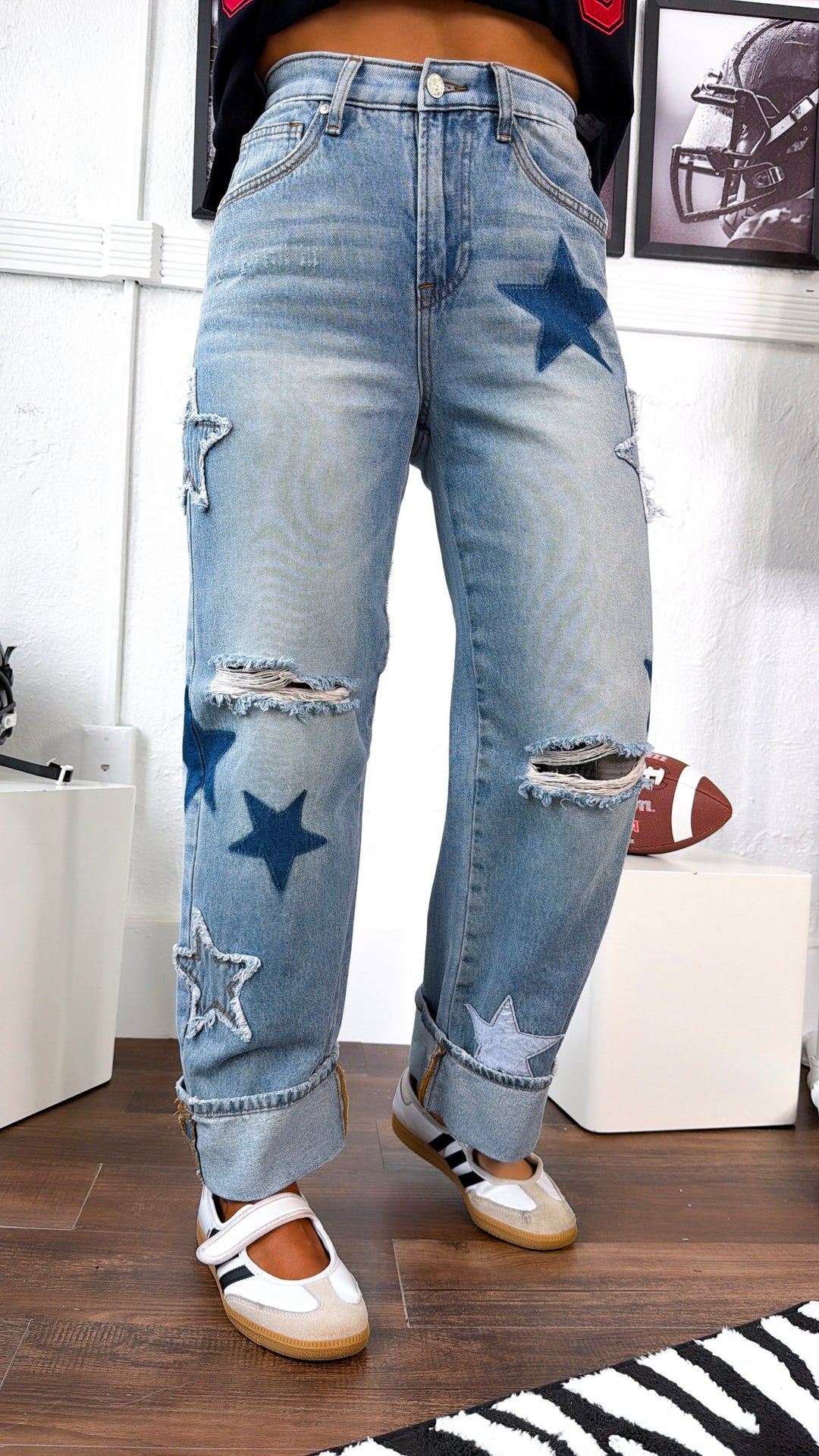 Lucky Star Patched Jeans, Medium Wash