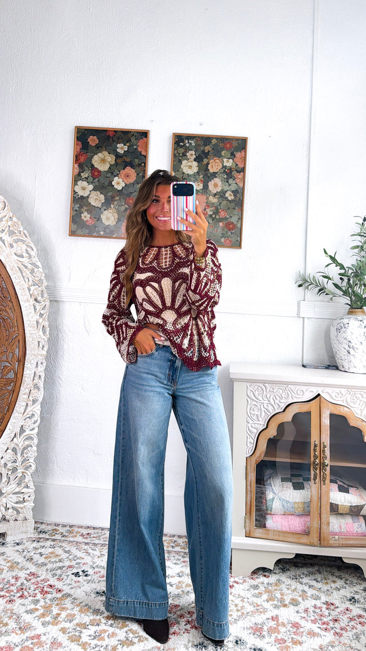 Boho Contrast Crochet Top, Cinnamon
