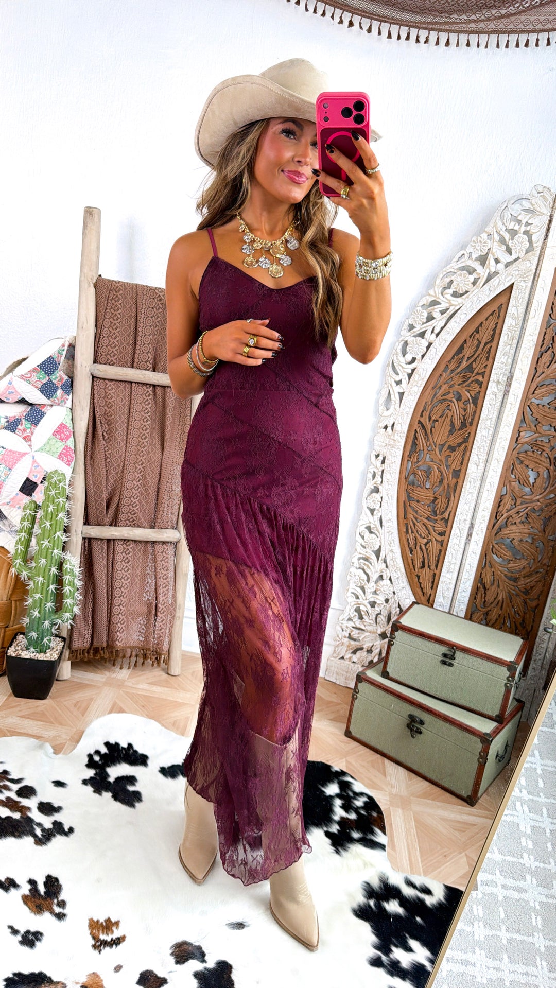 Moonlit Lace Maxi Dress, Merlot