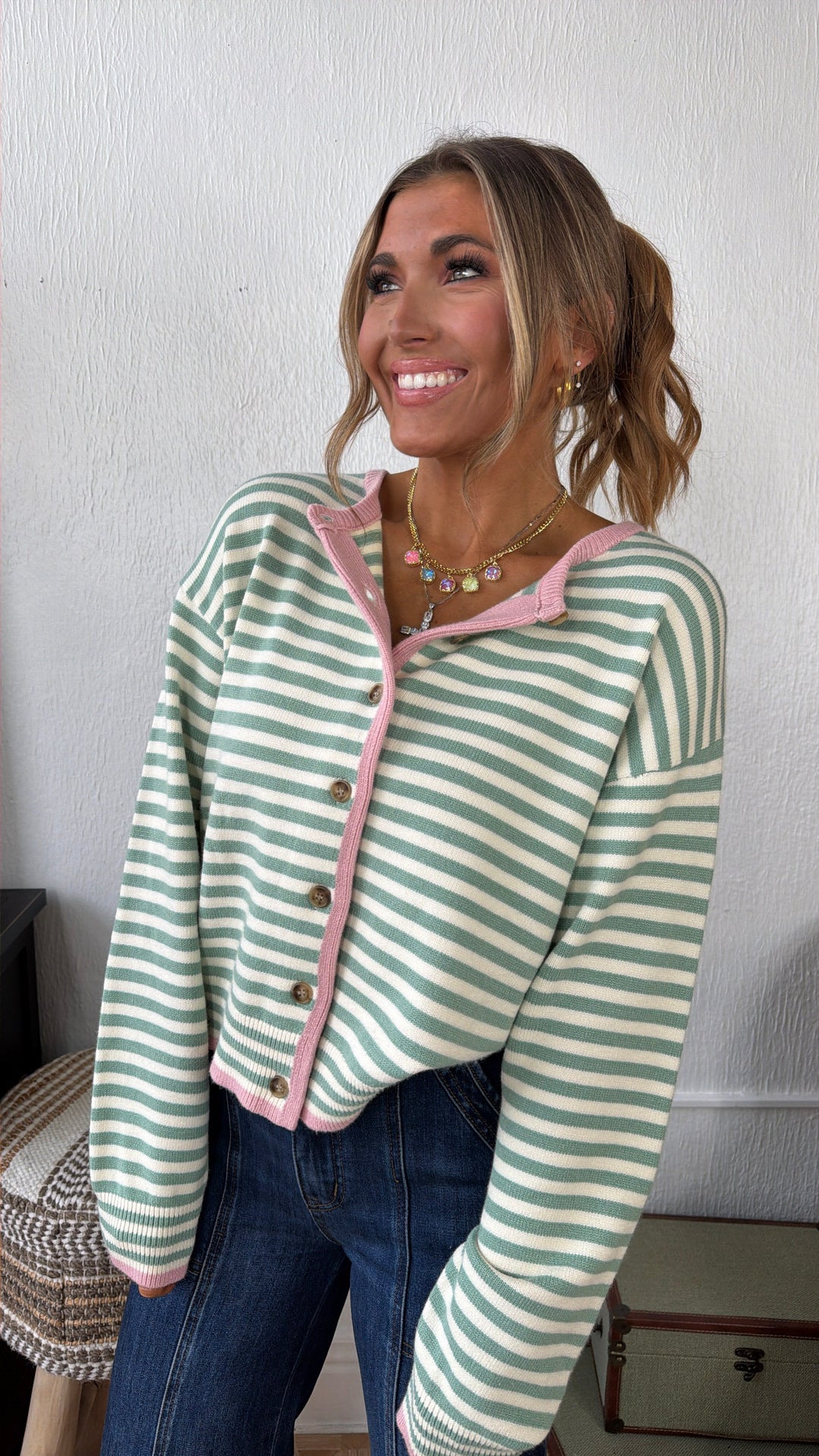 Cleo Button Up Cardigan, Sage/ Pink