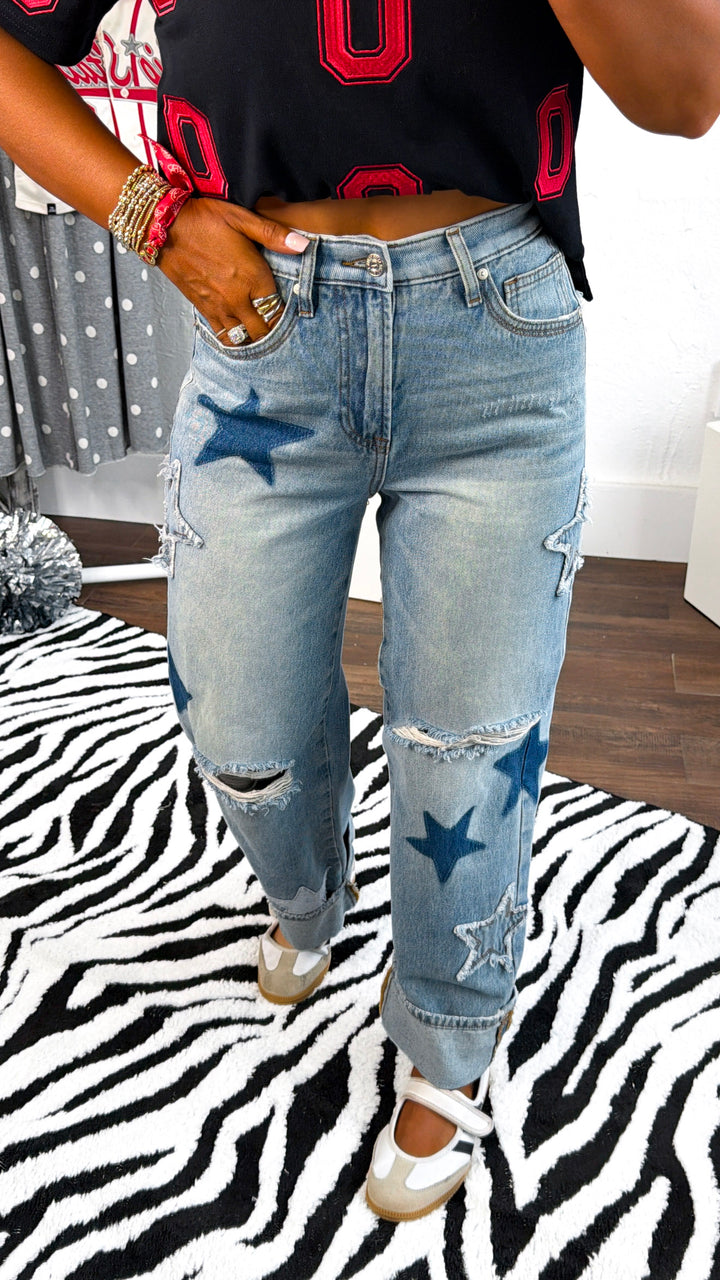 Lucky Star Patched Jeans, Medium Wash