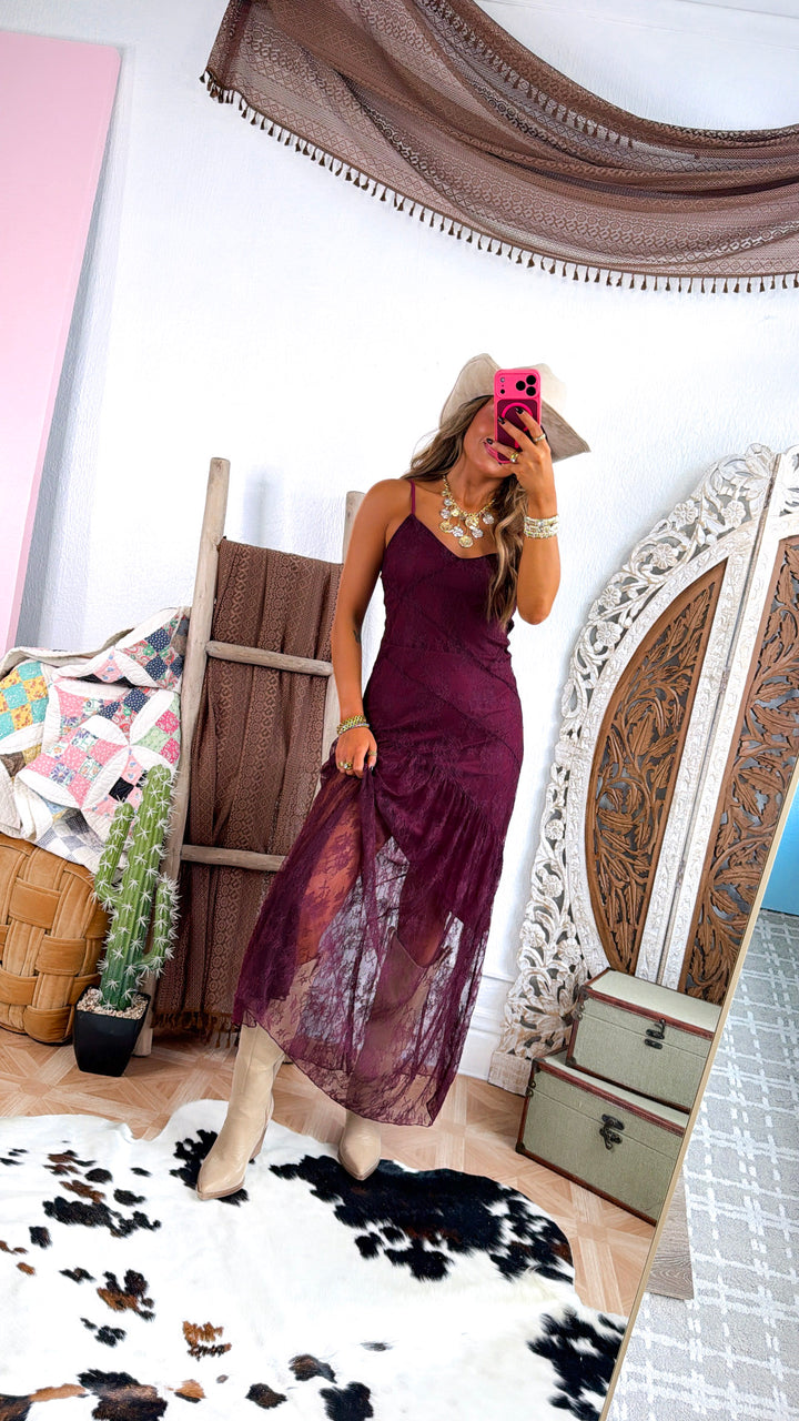 Moonlit Lace Maxi Dress, Merlot
