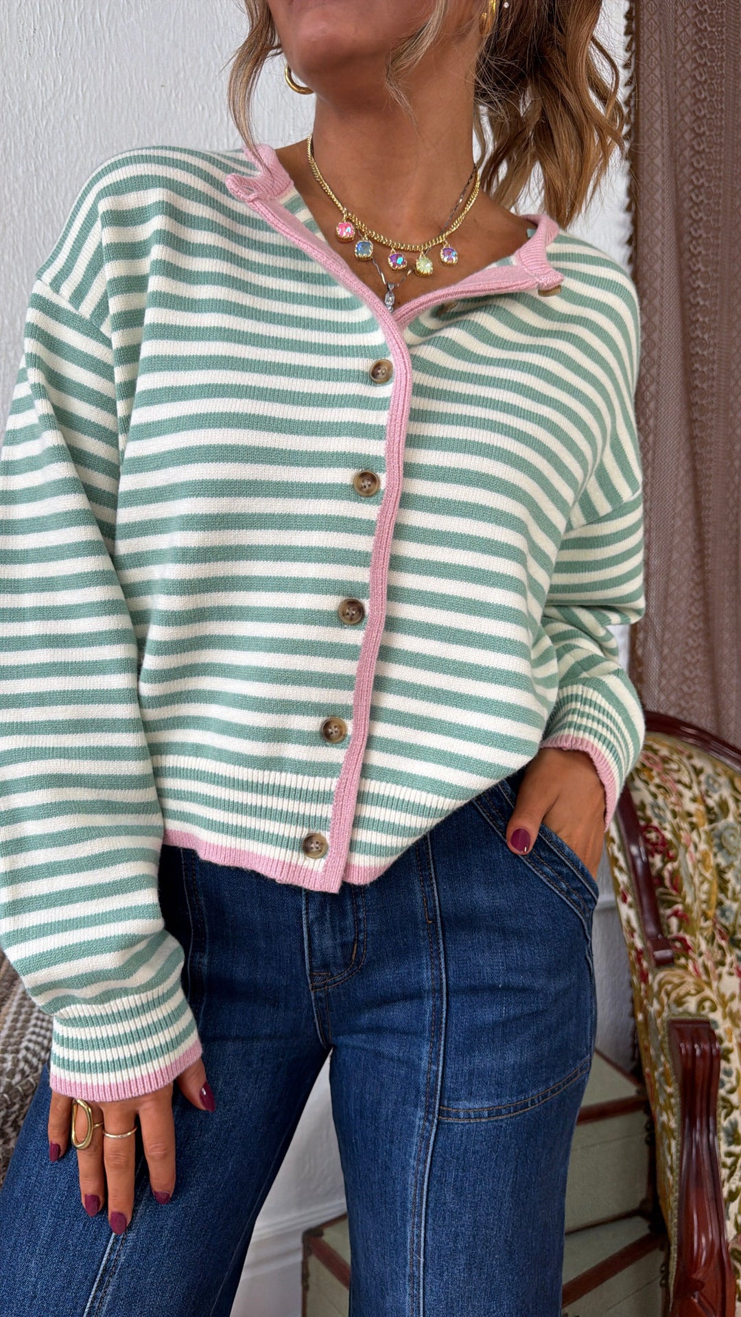 Cleo Button Up Cardigan, Sage/ Pink