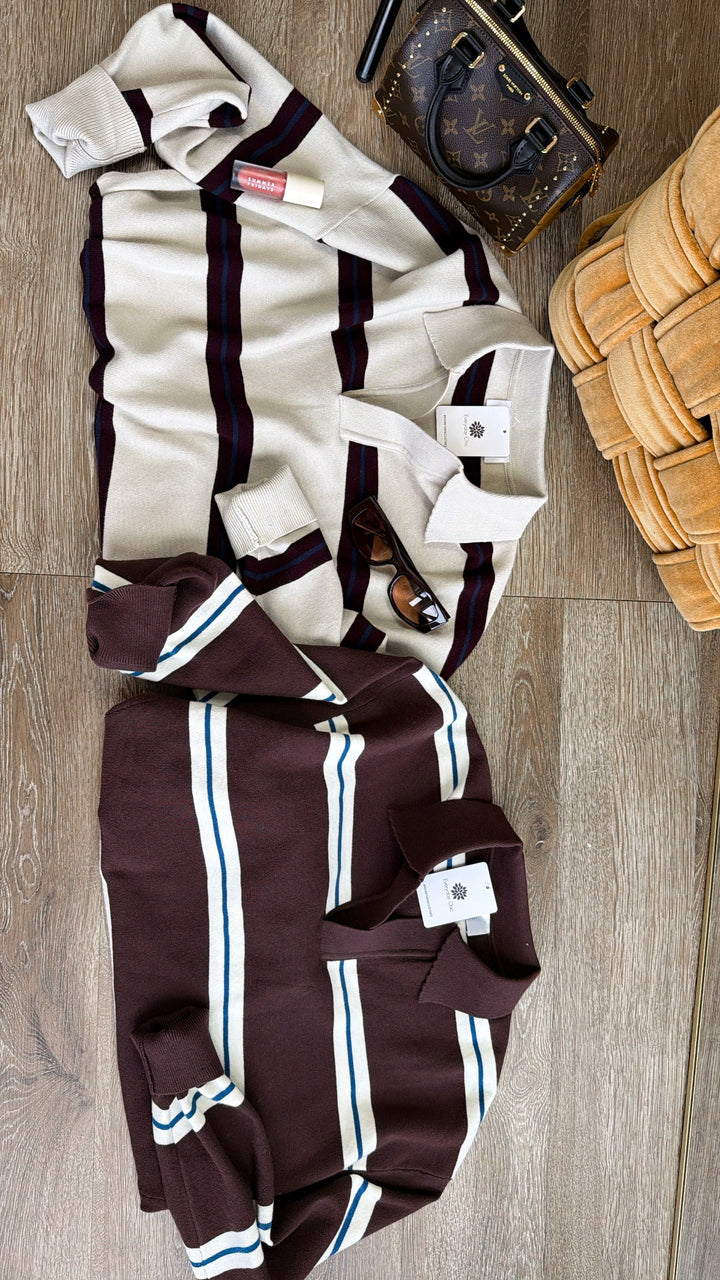 The University Collared Pullover, Chocolate Stripe