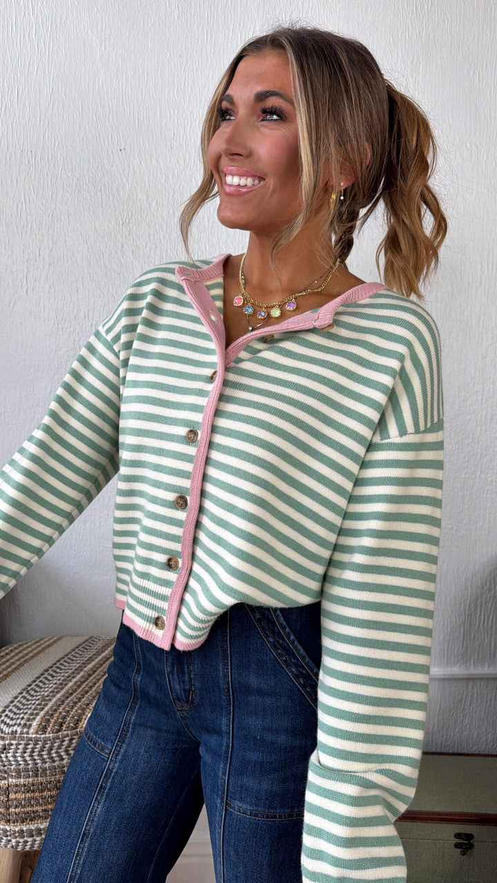 Cleo Button Up Cardigan, Sage/ Pink