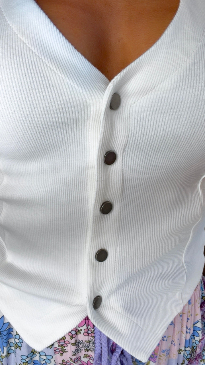 Avenue Charm Button Vest, White