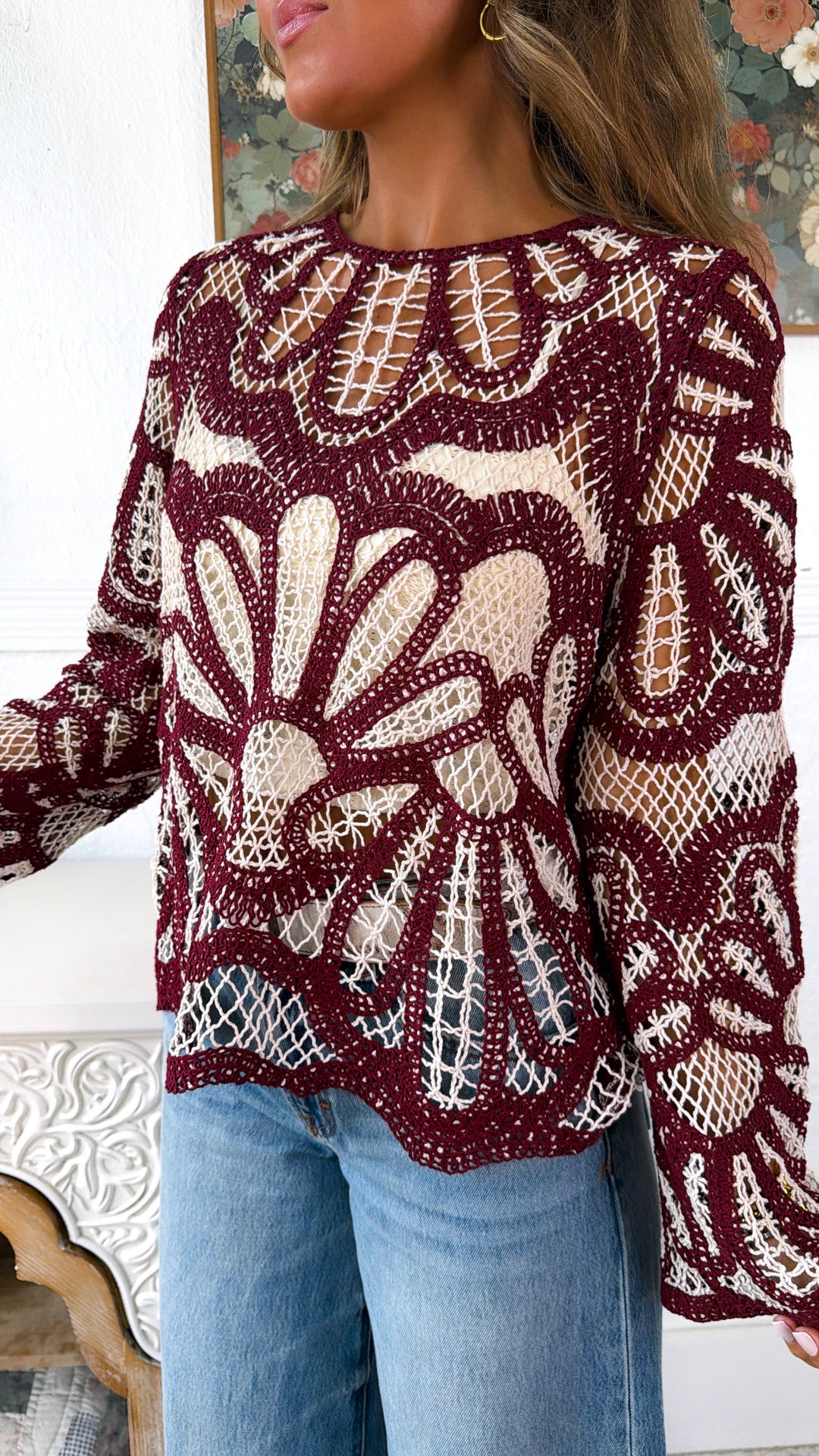 Boho Contrast Crochet Top, Cinnamon