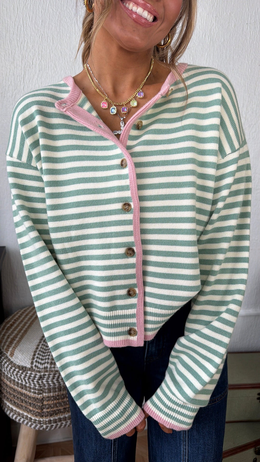 Cleo Button Up Cardigan, Sage/ Pink