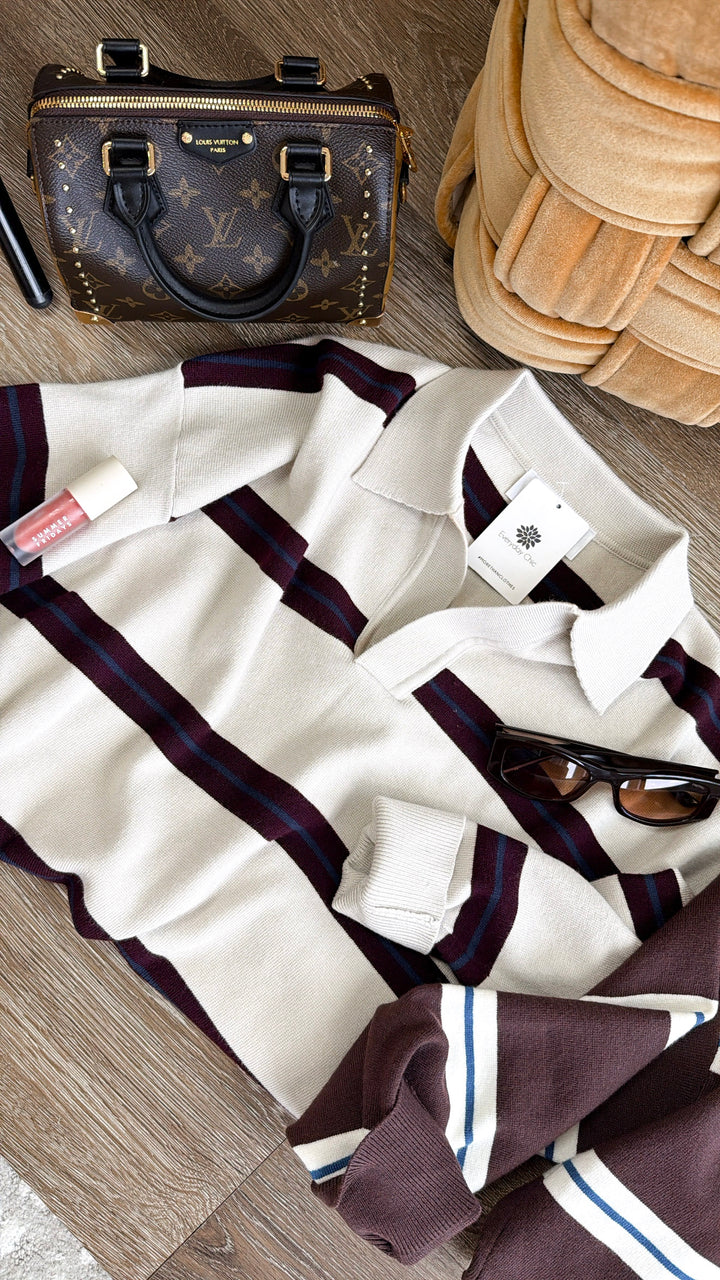 The University Collared Pullover, Ecru Stripe