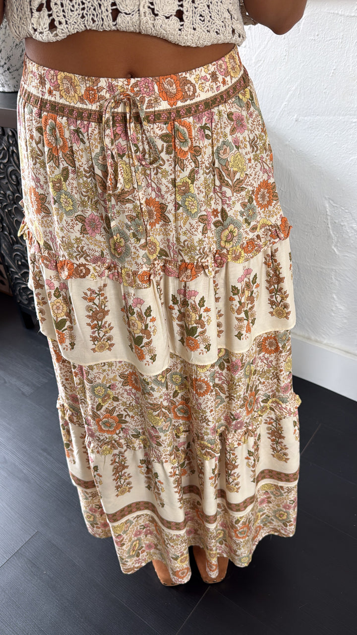 Garden Fields Maxi Skirt, Cream Multi
