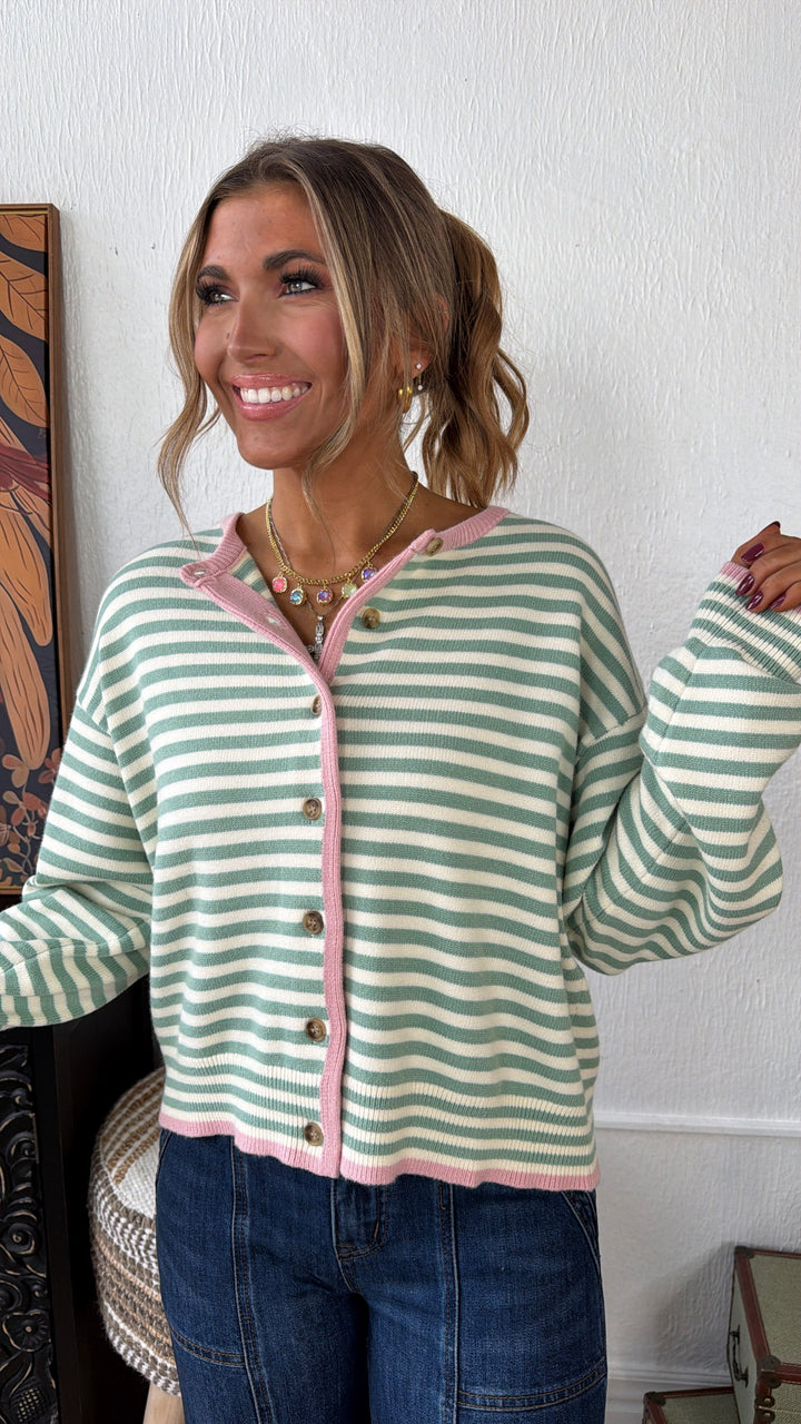 Cleo Button Up Cardigan, Sage/ Pink