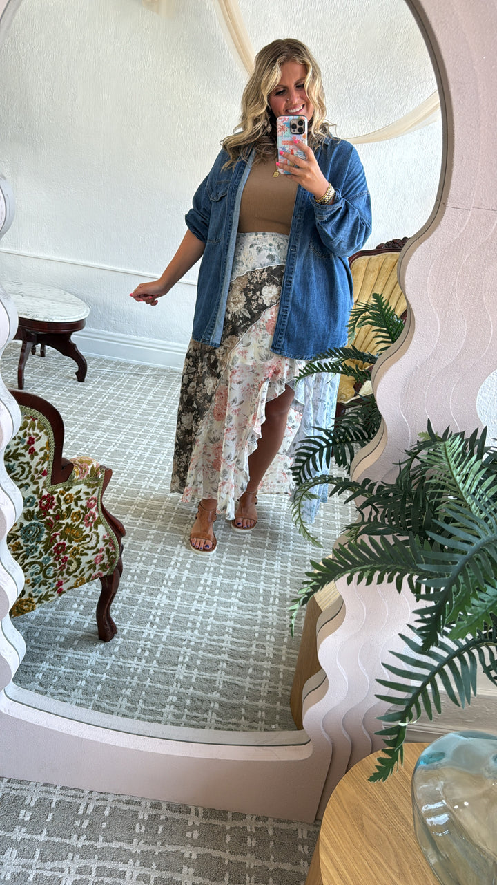 All Mine Mix Print Chiffon Ruffle Maxi Skirt